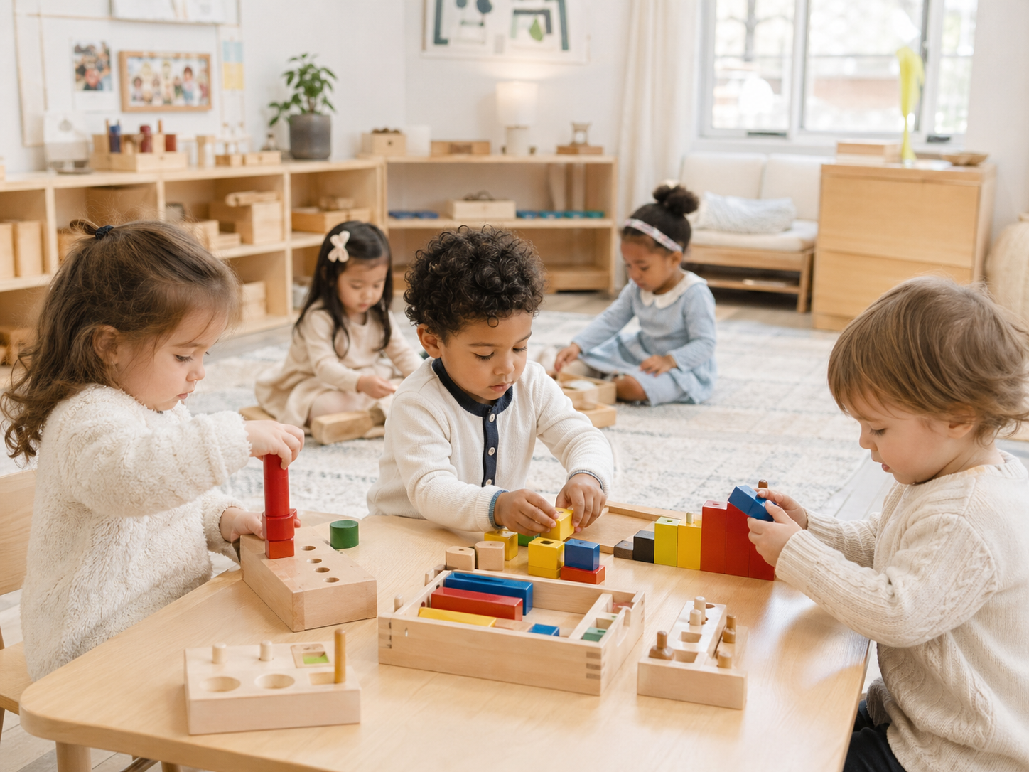 Children working with Montessori materials in a bright classroom
